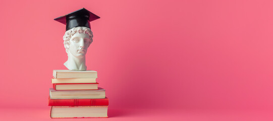 Wall Mural - Graduation party invitation banner. White head bust of David wearing a graduation cap on a pink background. Copy space. mortarboard on white antique head. Online courses, education, library