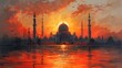 Hand drawing mosque at sunset