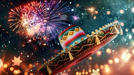 Wall Mural - A Mexican sombrero adorned with bursts of fireworks against the night sky