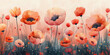 Artistic depiction of a field of red poppies with a whimsical, dream-like quality, using a soft, pastel color palette.