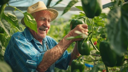 Poster - Joyful Farmer Harvesting Bell Peppers