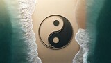 The yin and yang symbol is often used to represent balance and harmony. In this image, the yin and yang symbol is depicted in sand on a beach, with waves crashing on either side. The image is a peacef