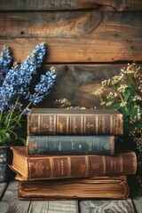 Wall Mural - Stack of Old Books with Blue Flowers