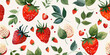 Pattern featuring ripe strawberries with green leaves and smaller berries against a light background. Perfect for fabric or wallpaper design.