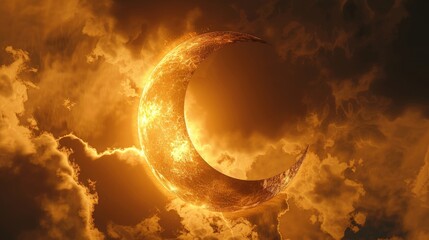 Wall Mural - eclipse: a 3d illustration of a partial solar eclipse, with the moon covering only a portion of the 