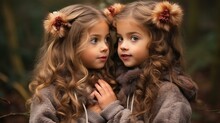 B'Two Little Girls With Long Blond Hair And Blue Eyes Looking At Each Other In A Forest'