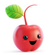 3D cherry character with a leaf and a joyful expression on white background