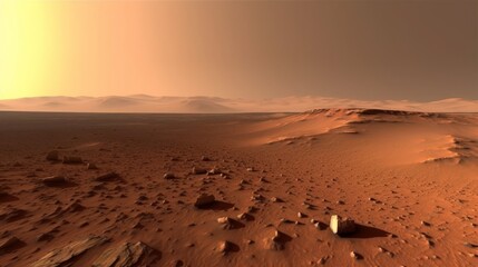 Wide panorama of mars - the red planet - landscape with mountains and impact crater during sunrise or sunset - 3D illustration. High quality photo