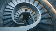 A Businessman Climbing A Spiral Staircase In A High-Rise: Visualizing Strategic Advancement And