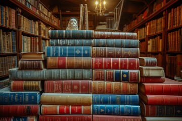 Wall Mural - b'A large stack of old books in a library with a bust of William Shakespeare on top'