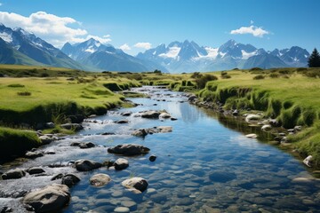 Wall Mural - b'Scenic view of a river flowing through a valley with snow-capped mountains in the distance'