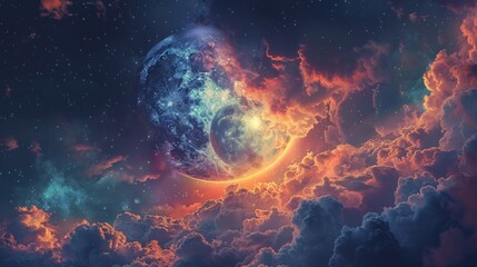 Wall Mural - moon: a mystical illustration of the moon surrounded by a ring of colorful clouds