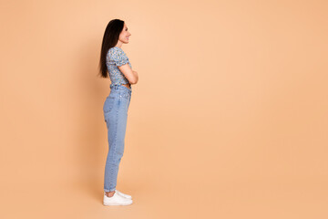 Poster - Profile side full length photo of gorgeous stunning woman wear blue trendy clothes empty space isolated on beige color background