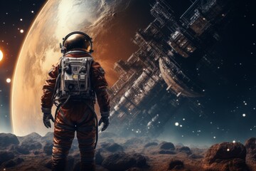 Wall Mural - Astronaut from a planet looking at a spacecraft and another planet in the background