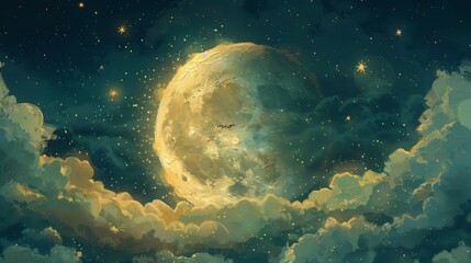 Wall Mural - moon: a whimsical illustration of the moon with a face, surrounded by twinkling stars and fluffy clo