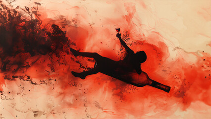 Man going down on wine bottle. Alcoholism problem concept illustration.