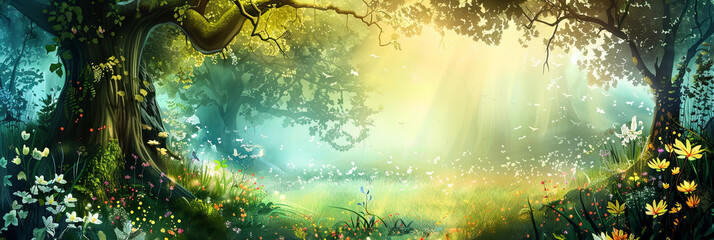 Sticker - Enchanting Woodland Landscape with Whimsical Scenery and Magical Lighting