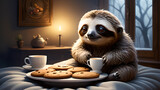 Fototapeta  - A lazy sloth lazing on the bed with his morning coffee and cake. Day off.