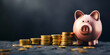 Piggy bank with gold coins banner. savings and investment financial wealth fund concept.