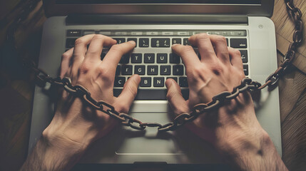 hands tied with chains on wrists, typing on laptop keyboard