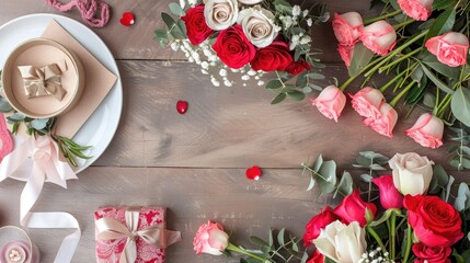 Wall Mural - Capture the essence of Valentine s Day with a beautiful flat lay arrangement offering a top view and plenty of space for your creativity to flourish