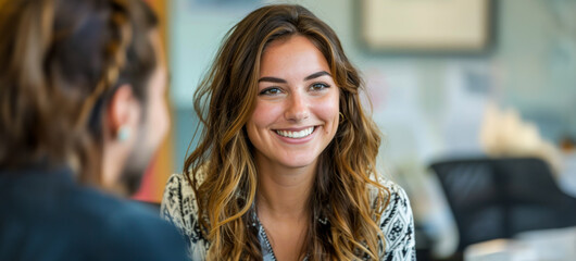 Poster - Young woman with a beaming smile in a professional setting