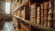 ancient library interior with rows of old books on wooden shelves historical knowledge concept