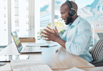 Poster - Black man, headphones and virtual call on laptop in office, webinar meeting and video conference. Person, talking and internet or online app for conversation, company seminar and speaking to contact