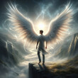 An angel with wings stands on a high mountain against a stormy sky