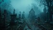 eerie abandoned cemetery path at night dark fantasy misty landscape vast foggy graveyard scene