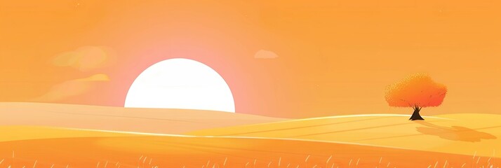 Poster - Minimalist sun drenched countryside landscape with a solitary tree and large glowing sun on the horizon in a warm serene and tranquil scene with