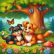 Two cheerful puppies are lying in the forest on the grass by a tree among flowers and butterflies