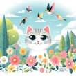 Cheerful white cat with gray stripes in nature among flowers and trees and birds flying above him