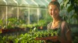 The smiling woman with seedlings.
