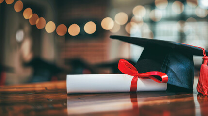 Sticker - Graduation day, party. A mortarboard and diploma scroll on a table in classroom. Education, learning concept. Courses, higher education, study, knowledge. Graduation hat and students diploma on desk