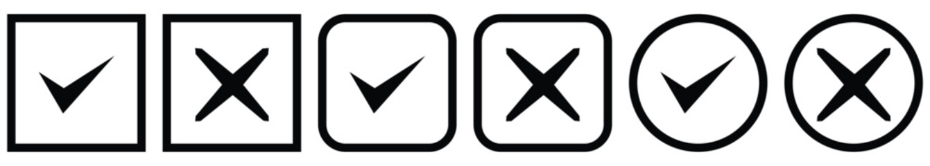 Wall Mural - check mark black icon line art set. tick, cross, approved, checklist, vector illustration.