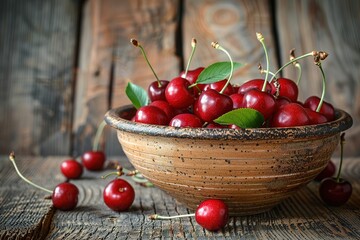 Wall Mural - Fresh cherry on plate on wooden dark background. fresh ripe cherries. sweet cherries