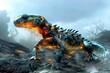 A blue and orange salamander made of lava and rock stands on a rock in front of a volcano.
