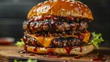Fototapeta Dinusie - Juicy double cheeseburger with dripping sauce on wooden board