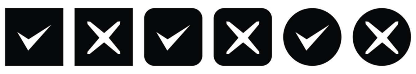 Wall Mural - check mark black icon set. tick, cross, approved, checklist, vector illustration.