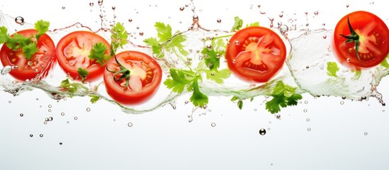 Wall Mural - Plum tomatoes and parsley dancing in water, ingredients for a delicious dish