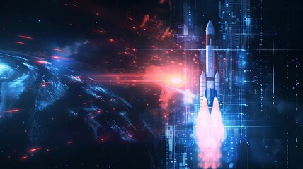 Canvas Print - Powerful Rocket Launching into the Futuristic Digital Cosmos with Dynamic Visuals