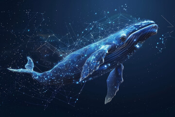  A blue whale is swimming in the sky with stars surrounding it