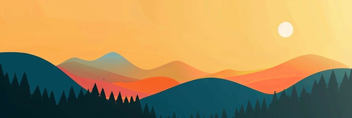 Wall Mural - Stunning Minimalist Landscape with Vibrant Sunset Sky and Mountainous Terrain for Wallpaper or Background