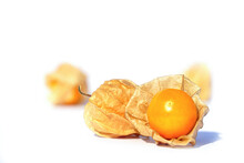Cape Gooseberry On White Background. It Is One Of The Best Berries. It Is A Plant In The Same Family As Eggplant. Rich In Nutrients And High In Vitamins. Soft And Selective Focus.