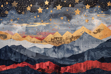 Wall Mural - A painting of mountains and stars with a gold background