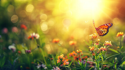 Wall Mural - Blooming summer meadow and butterfly at sunset. Natural banner. Copy space.