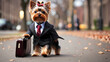 Walking yorkie with a suite and briefcase