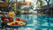Breakfast in swimming pool, floating breakfast in luxurious tropical resort, Table relaxing on calm pool water, healthy breakfast and fruit plate by resort pool, Tropical couple beach luxury lifestyle