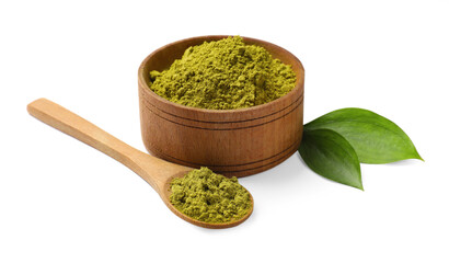 Poster - Henna powder in bowl, spoon and green leaves isolated on white